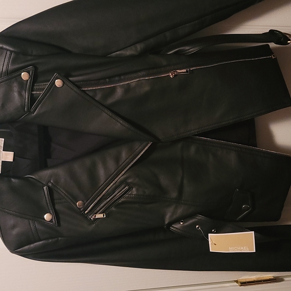 MICHAEL KORS Faux Leather belted moto jacket